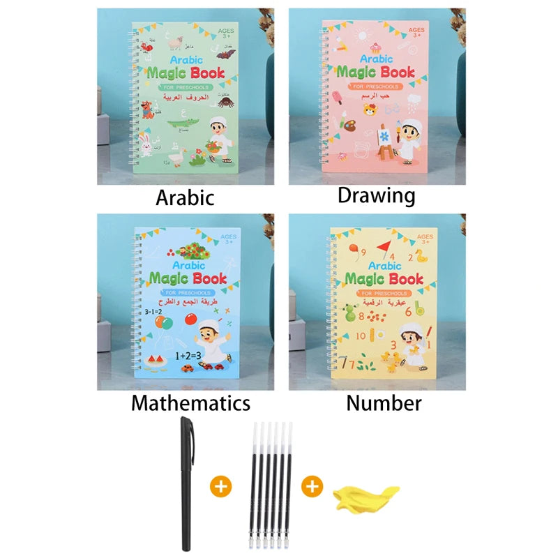 Arabic Magic Practice Books for Kids 3+ (Set of 4) - Reusable Wipe-Clean Workbooks to Master Letters, Numbers & Drawing - Fun & Engaging Learning